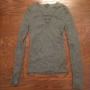 Express Marled Gray Fitted V-Neck Sweater